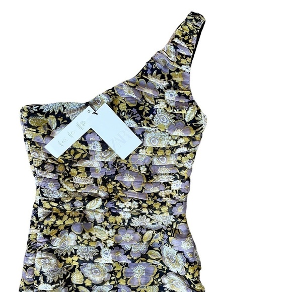 ZARA NWT One Shoulder Ruched Mini Dress Size XS in Floral Multi Print - Picture 4 of 14